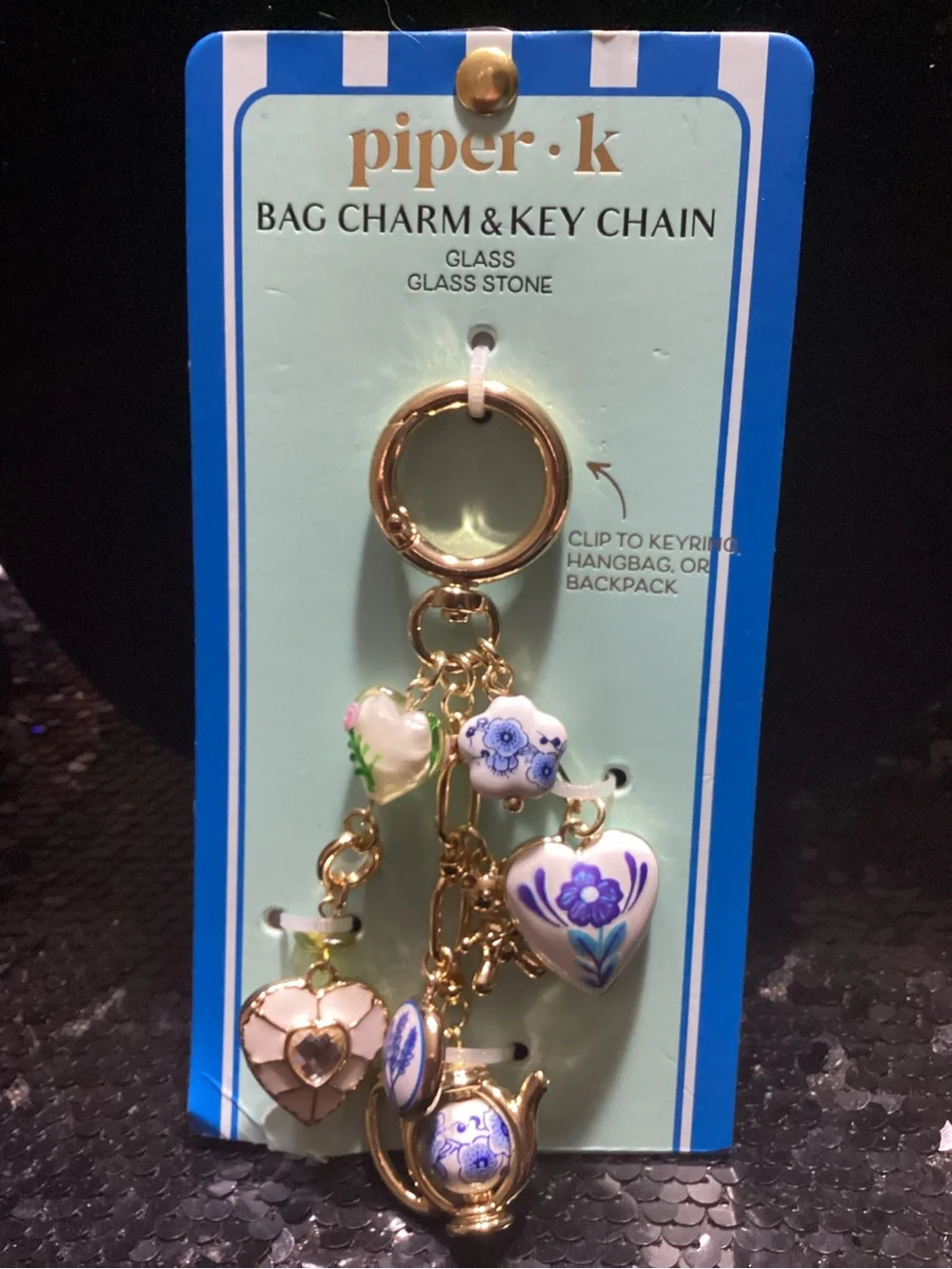piper.k Gold & Blue Floral Glass Bag Charm Key Chain